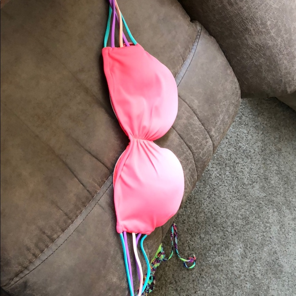 Strapless coral and multi colored strap swimsuit